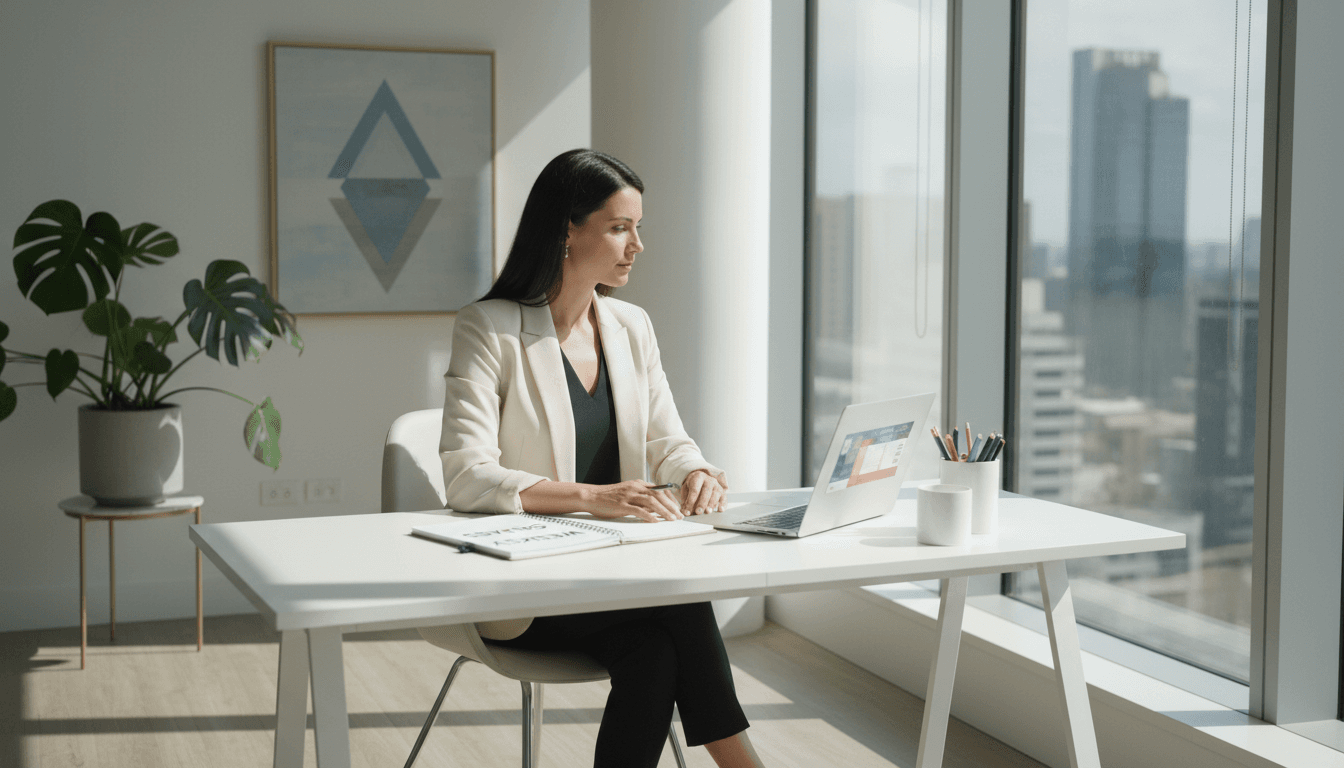 Professional woman at organized desk with planner and laptop in bright modern workspace
