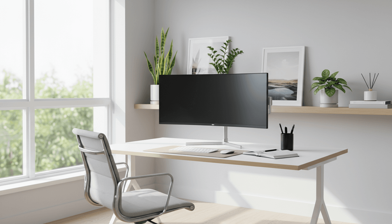 Modern professional workspace with organized desk and natural lighting