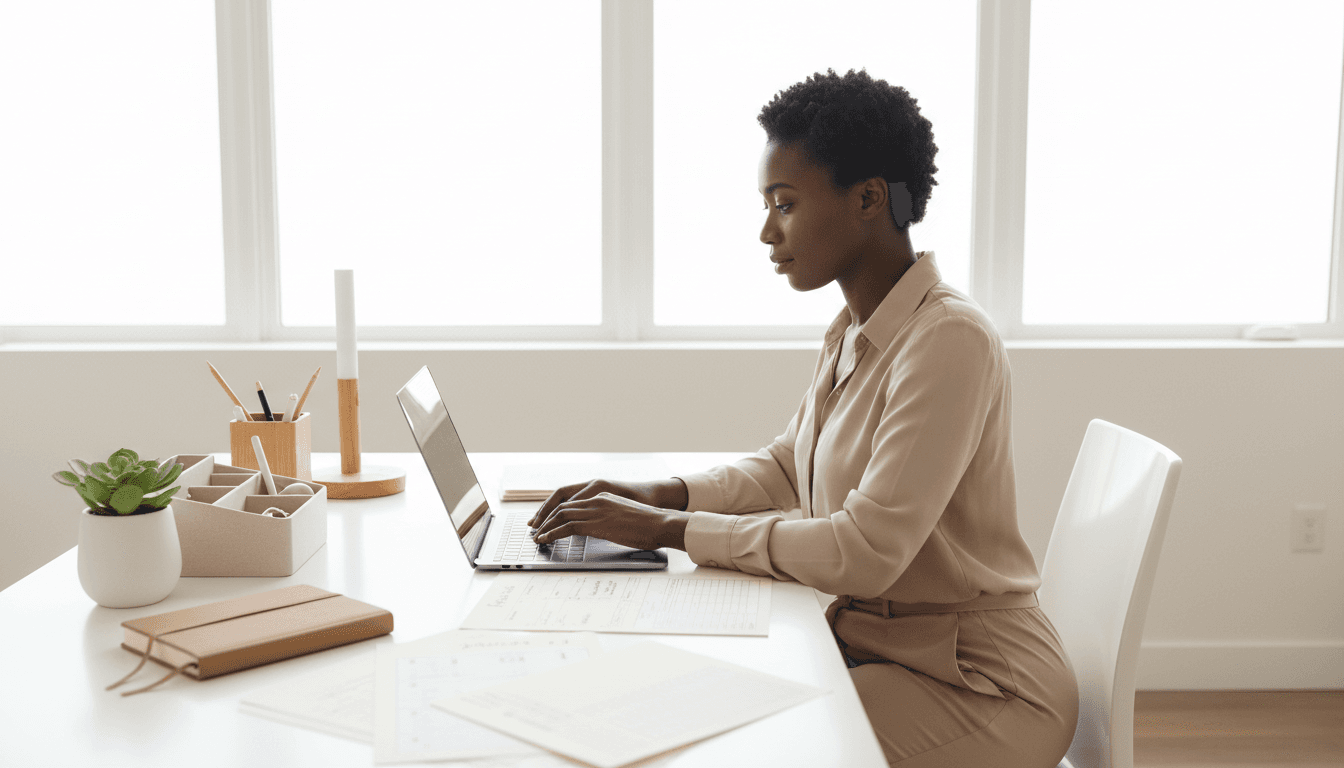 Professional woman working at organized desk with laptop, calendar, and notepad in bright modern office