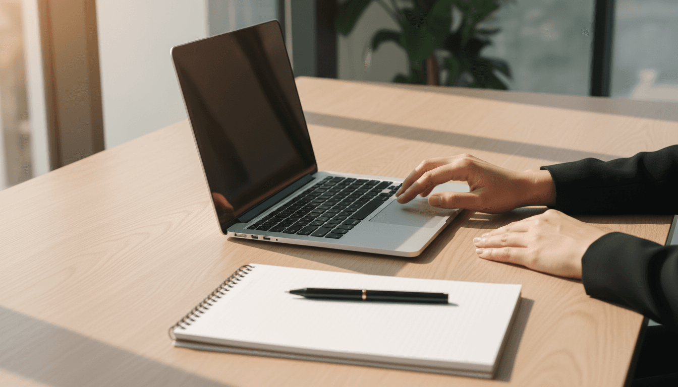 Clean, organized workspace with laptop and professional business materials